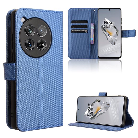 Allytechgroup OnePlus 12 5G 2024 Case, Premium PU Leather Shockproof Cards Slots Flip Stand Bumper Hand Wrist Wallet Phone Case for OnePlus 12, Blue