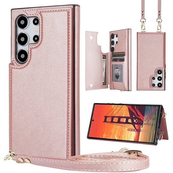 Allytechgroup PU Leather Case for Samsung Galaxy S25 Ultra, Built-in Shoulder Strap Credit Card Slot Wallet Phone Case Shockproof Full Body Protective for Samsung Galaxy S25 Ultra, Pink