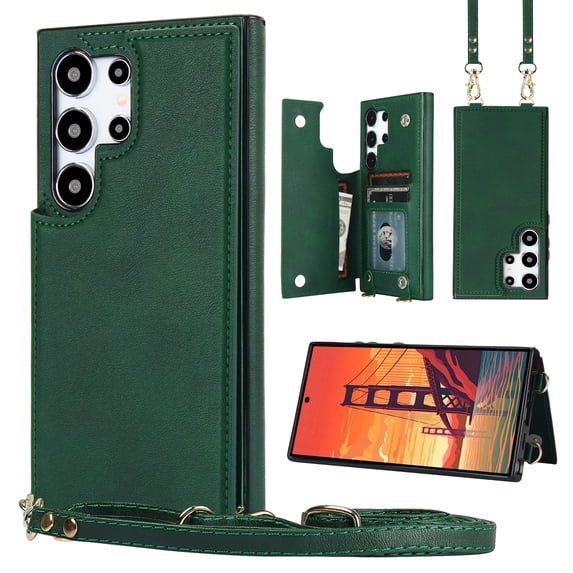 Allytechgroup PU Leather Case for Samsung Galaxy S25 Ultra, Built-in Shoulder Strap Credit Card Slot Wallet Phone Case Shockproof Full Body Protective for Samsung Galaxy S25 Ultra, Green