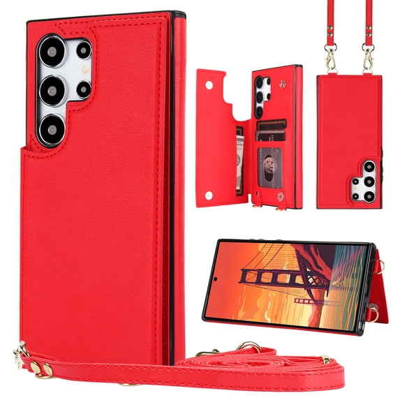Allytechgroup PU Leather Case for Samsung Galaxy S25 Ultra, Built-in Shoulder Strap Credit Card Slot Wallet Phone Case Shockproof Full Body Protective for Samsung Galaxy S25 Ultra, Red
