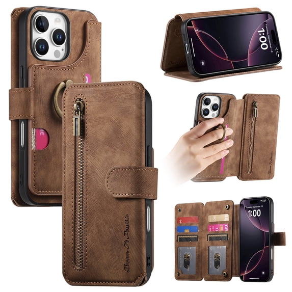 Allytechgroup PU Leather Case for iPhone 16 Pro Max, Built-in Credit Card Slot RFID Blocking Stand Zipper Storage Design Wallet Function Anti-seismic Anti-drop Shockproof Cover for Women Men, Brown