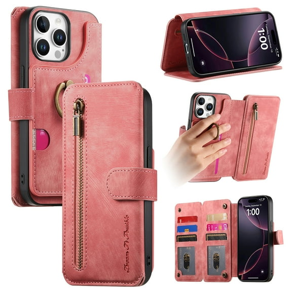 Allytechgroup PU Leather Case for iPhone 17e/16e, Built-in Credit Card Slot RFID Blocking Stand Zipper Storage Design Wallet Function Anti-seismic Anti-drop Shockproof Cover for Women Men, Pink