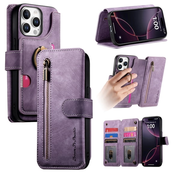 Allytechgroup PU Leather Case for iPhone 17e/16e, Built-in Credit Card Slot RFID Blocking Stand Zipper Storage Design Wallet Function Anti-seismic Anti-drop Shockproof Cover for Women Men, Purple