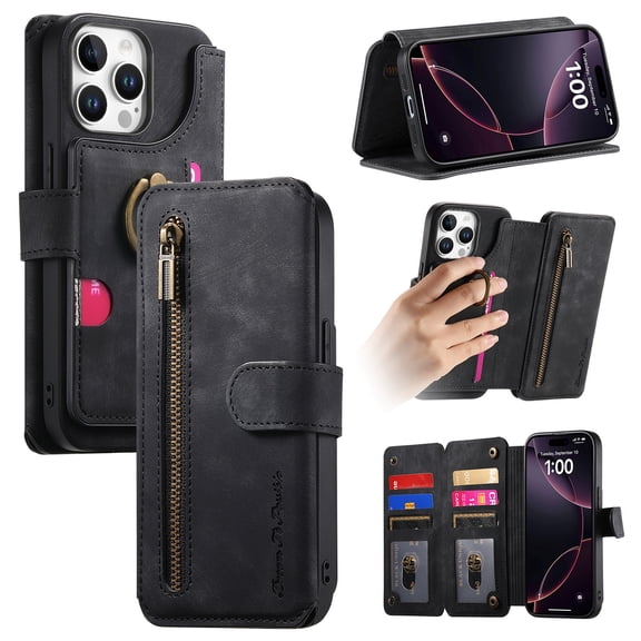 Allytechgroup PU Leather Case for iPhone 17e/16e, Built-in Credit Card Slot RFID Blocking Stand Zipper Storage Design Wallet Function Anti-seismic Anti-drop Shockproof Cover for Women Men, Black