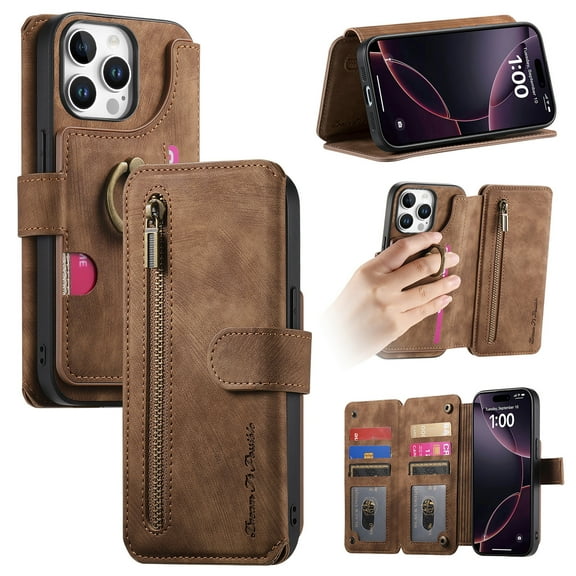 Allytechgroup PU Leather Case for iPhone 17e/16e, Built-in Credit Card Slot RFID Blocking Stand Zipper Storage Design Wallet Function Anti-seismic Anti-drop Shockproof Cover for Women Men, Brown