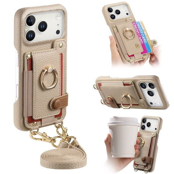 Allytechgroup PU Leather Case for iPhone 17 Pro Max, Slim Fit Wallet Case with Shoulder Strap & Card Holder Non-Slip Stand Rugged Shockproof Protective Back Cover for iPhone 17 Pro Max, Khaki
