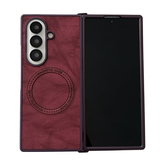 Allytechgroup PU Leather Magnetic Case for Samsung Galaxy Z Fold 6, Compatible with Mag-safe Flip Style Anti-Scratch TPU Shock-Absorbent Cover Elegant Foldable Protection for Women Men, Winered