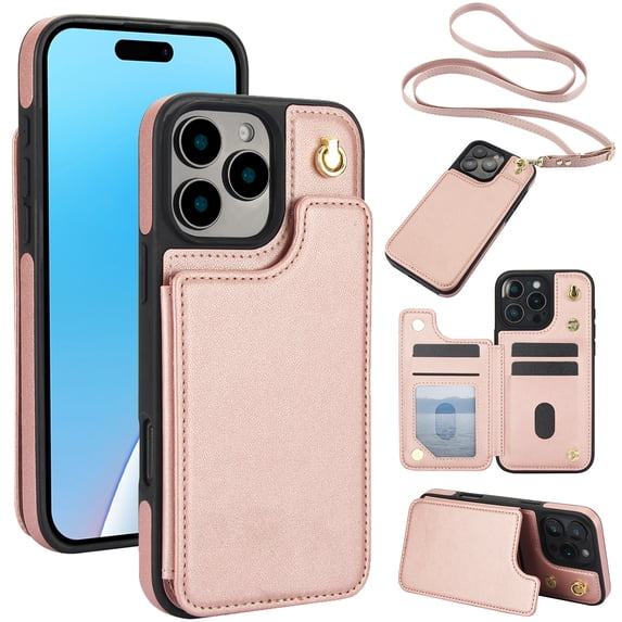 Allytechgroup PU Leather Phone Case for Apple iPhone 11, Crossbody Shoulder StrapShockproof Wallet Case with Card Holder, Crossbody Shoulder Strap, Stand Feature & Magnetic Closure,Rosegold