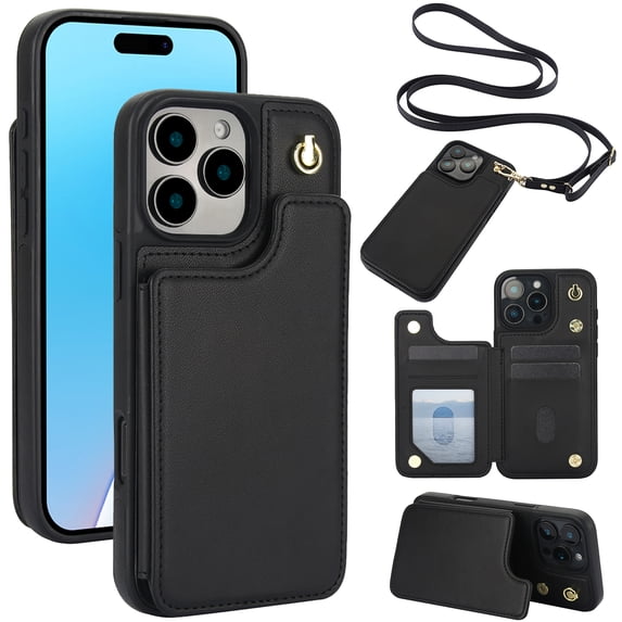 Allytechgroup PU Leather Phone Case for Apple iPhone 14 Plus, Crossbody Shoulder StrapShockproof Wallet Case with Card Holder, Crossbody Shoulder Strap, Stand Feature & Magnetic Closure,Black