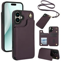 Allytechgroup PU Leather Phone Case for Apple iPhone 16, Crossbody Shoulder StrapShockproof Wallet Case with Card Holder, Crossbody Shoulder Strap, Stand Feature & Magnetic Closure,Darkpurple