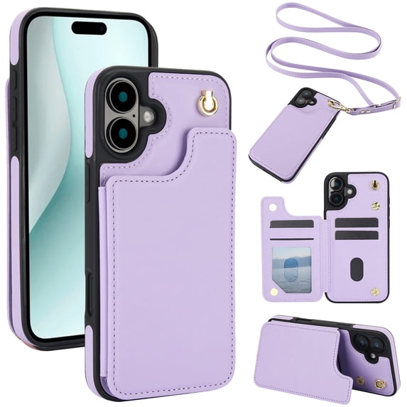 Allytechgroup PU Leather Phone Case for Apple iPhone 16, Crossbody Shoulder StrapShockproof Wallet Case with Card Holder, Crossbody Shoulder Strap, Stand Feature & Magnetic Closure,Purple