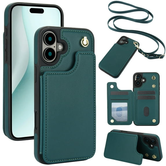 Allytechgroup PU Leather Phone Case for Apple iPhone 16 Plus, Crossbody Shoulder StrapShockproof Wallet Case with Card Holder, Crossbody Shoulder Strap, Stand Feature & Magnetic Closure,Green