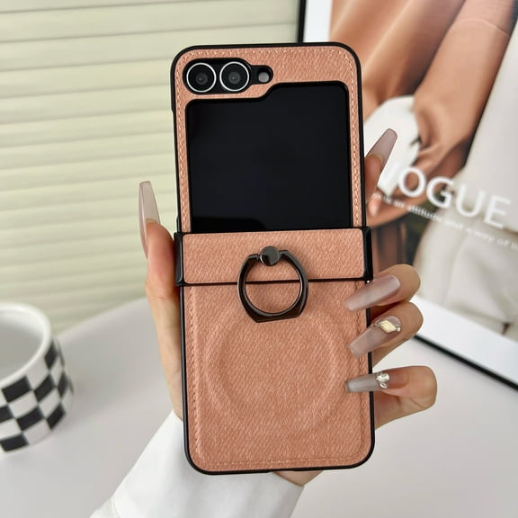 Allytechgroup PU Leather Phone Case for Motorola Razr 2024/ Razr 2025, Compatible with Magsafe Ring Kickstand Magnetic Wireless Charging Shockproof Protective Cover with Hinge Protection, Pink