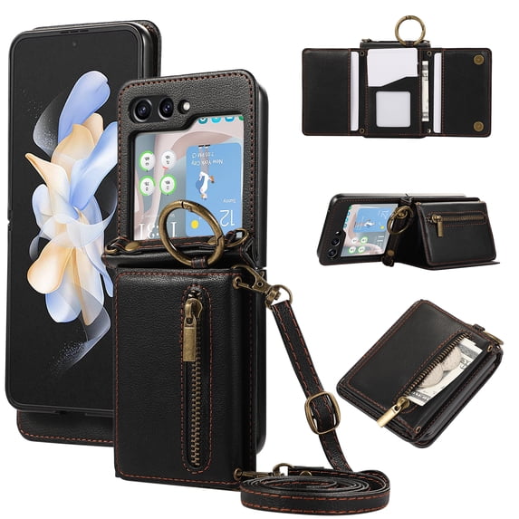 Allytechgroup PU Leather for Samsung Galaxy Z Flip 4 Wallet Case with Card Slot, Military Grade Drop Protection Anti-Fingerprint Design for Samsung Galaxy Z Flip 4, Black
