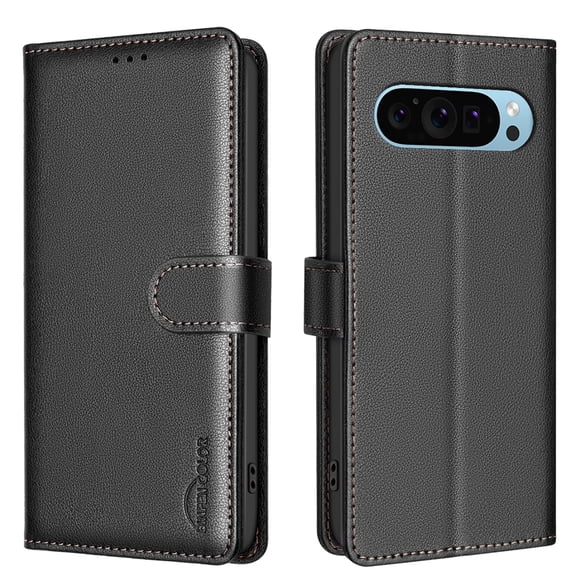 Allytechgroup Credit Card Slot Retro PU Leather Hard Shell Flip Cell Phone Case with Protective Case Cover for Google Pixel 10 /10 Pro, Black