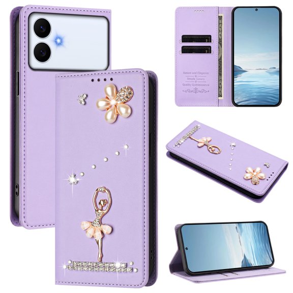 Allytechgroup PU Leather Wallet Case for Samsung Galaxy S26 Edge with Card Holder, Slim Fit RFID Blocking Bumper with Diamond Shockproof Protective Full Body Cover for Women Girls, Purple