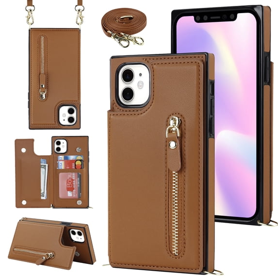 Allytechgroup PU Leather Wallet Case for iPhone 15, Flip Folding Case with RFID Blocking Card Slots Zipper Pocket Kickstand Detachable Handstrap Magnetic Shockproof Purse Case, Brown