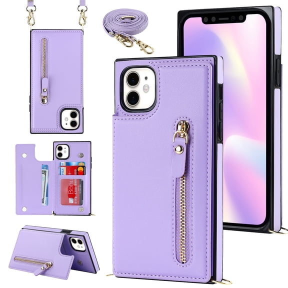Allytechgroup PU Leather Wallet Case for iPhone 16, Flip Folding Case with RFID Blocking Card Slots Zipper Pocket Kickstand Detachable Handstrap Magnetic Shockproof Purse Case, Purple