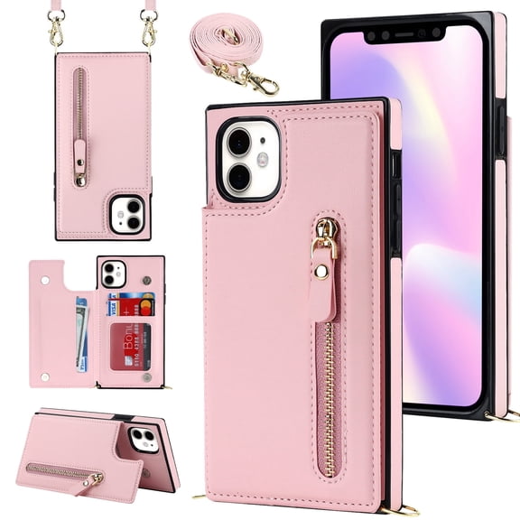 Allytechgroup PU Leather Wallet Case for iPhone 16 Pro Max, Flip Folding Case with RFID Blocking Card Slots Zipper Pocket Kickstand Detachable Handstrap Magnetic Shockproof Purse Case, Pink