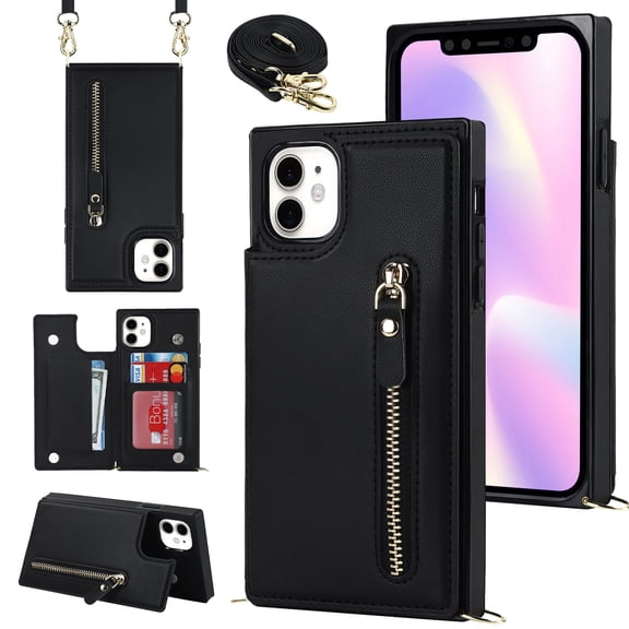 Allytechgroup PU Leather Wallet Case for iPhone 17, Flip Folding Case with RFID Blocking Card Slots Zipper Pocket Kickstand Detachable Handstrap Magnetic Shockproof Purse Case, Black