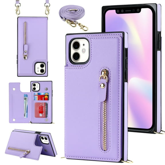 Allytechgroup PU Leather Wallet Case for iPhone 17 Pro, Flip Folding Case with RFID Blocking Card Slots Zipper Pocket Kickstand Detachable Handstrap Magnetic Shockproof Purse Case, Purple