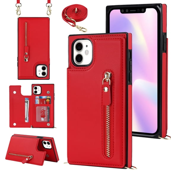 Allytechgroup PU Leather Wallet Case for iPhone 17 Pro, Flip Folding Case with RFID Blocking Card Slots Zipper Pocket Kickstand Detachable Handstrap Magnetic Shockproof Purse Case, Red