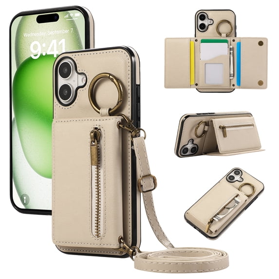 Allytechgroup PU Leather for iPhone 16 Wallet Case with Card Slot, Military Grade Drop Protection Anti-Fingerprint Design for iPhone 16, Beige