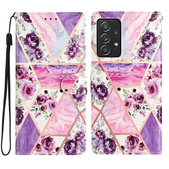 Allytechgroup Pattern Wallet Flip Case for Samsung Galaxy A53 5G, Premium PU Leather Kickstand Card Slots Cover Case with Wrist Strap Magnetic Clasp Shockproof Anti-Scratch Case, Purple Flower