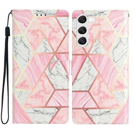Allytechgroup Pattern Wallet Flip Case for Samsung Galaxy S22 5G, Premium PU Leather Kickstand Card Slots Cover Case with Wrist Strap Magnetic Clasp Shockproof Anti-Scratch Case, Pink Marble