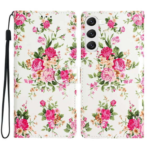 Allytechgroup Pattern Wallet Flip Case for Samsung Galaxy S22 Plus 5G, Premium PU Leather Kickstand Card Slots Cover Case with Wrist Strap Magnetic Clasp Shockproof Anti-Scratch Case, Red Flower