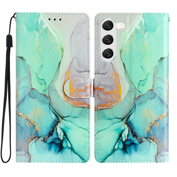 Allytechgroup Pattern Wallet Flip Case for Samsung Galaxy S22 Plus 5G, Premium PU Leather Kickstand Card Slots Cover Case with Wrist Strap Magnetic Clasp Shockproof Anti-Scratch Case, Green Marble