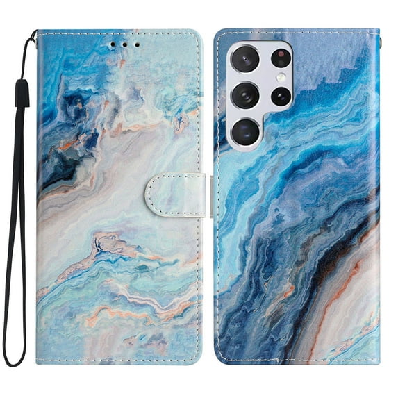 Allytechgroup Pattern Wallet Flip Case for Samsung Galaxy S22 Ultra 5G, Premium PU Leather Kickstand Card Slots Cover Case with Wrist Strap Magnetic Clasp Shockproof Anti-Scratch Case, Blue Marble