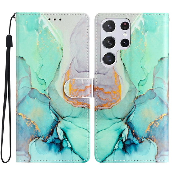 Allytechgroup Pattern Wallet Flip Case for Samsung Galaxy S22 Ultra 5G, Premium PU Leather Kickstand Card Slots Cover Case with Wrist Strap Magnetic Clasp Shockproof Anti-Scratch Case, Green Marble