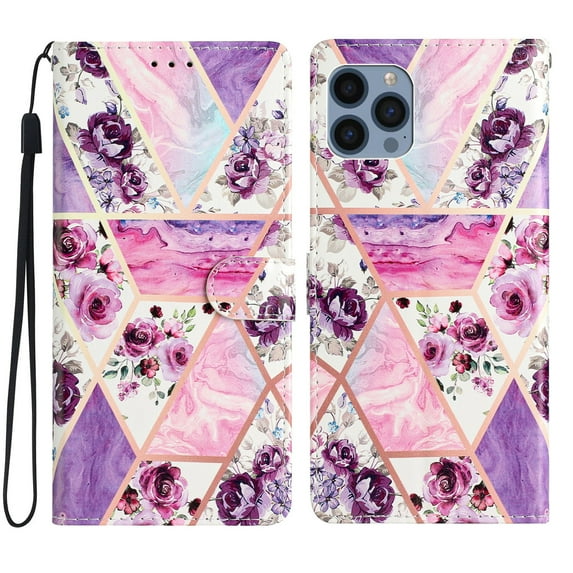 Allytechgroup Pattern Wallet Flip Case for iPhone 11 Pro Max, Premium PU Leather Kickstand Card Slots Cover Case with Wrist Strap Magnetic Clasp Shockproof Anti-Scratch Case, Purple Flower
