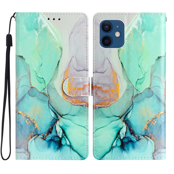 Allytechgroup Pattern Wallet Flip Case for iPhone 12 Mini, Premium PU Leather Kickstand Card Slots Cover Case with Wrist Strap Magnetic Clasp Shockproof Anti-Scratch Case, Green Marble