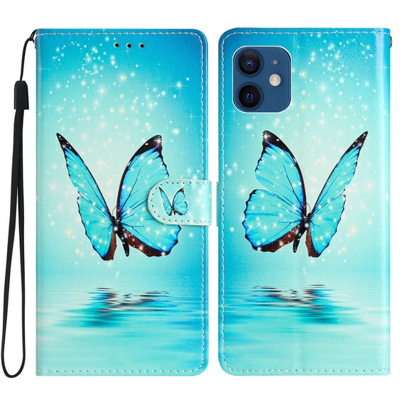 Allytechgroup Pattern Wallet Flip Case for iPhone 12 Mini, Premium PU Leather Kickstand Card Slots Cover Case with Wrist Strap Magnetic Clasp Shockproof Anti-Scratch Case, Blue Butterfly
