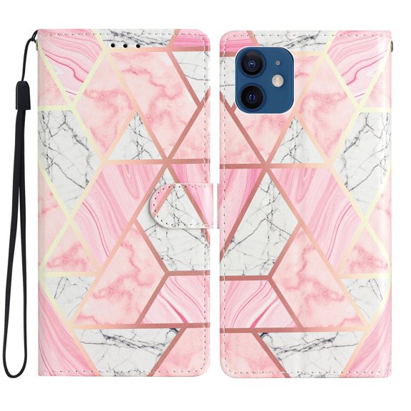 Allytechgroup Pattern Wallet Flip Case for iPhone 12 Mini, Premium PU Leather Kickstand Card Slots Cover Case with Wrist Strap Magnetic Clasp Shockproof Anti-Scratch Case, Pink Marble