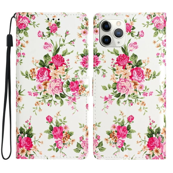 Allytechgroup Pattern Wallet Flip Case for iPhone 12 Pro / 12 6.1", Premium PU Leather Kickstand Card Slots Cover Case with Wrist Strap Magnetic Clasp Shockproof Anti-Scratch Case, Red Flower