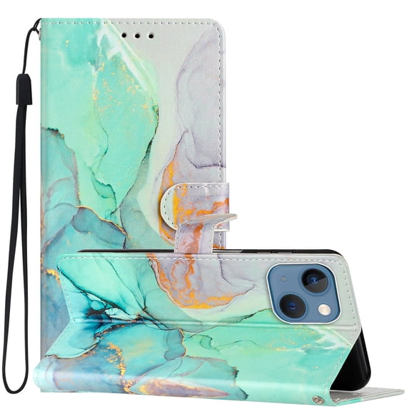 Allytechgroup Pattern Wallet Flip Case for iPhone 15 Plus, Premium PU Leather Kickstand Card Slots Cover Case with Wrist Strap Magnetic Clasp Shockproof Anti-Scratch Case, Green Marble