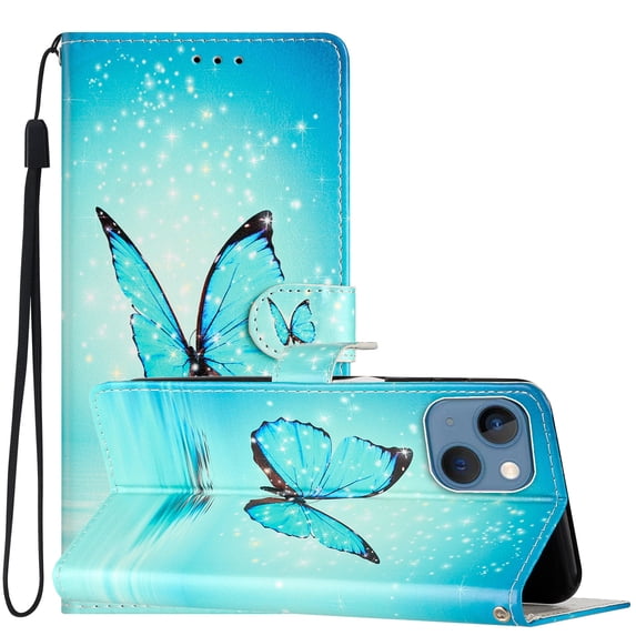 Allytechgroup Pattern Wallet Flip Case for iPhone 15 Plus, Premium PU Leather Kickstand Card Slots Cover Case with Wrist Strap Magnetic Clasp Shockproof Anti-Scratch Case, Blue Butterfly