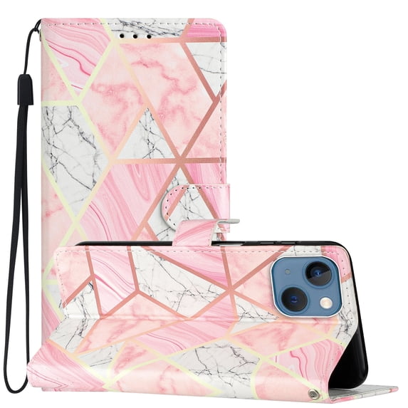 Allytechgroup Pattern Wallet Flip Case for iPhone 15 Plus, Premium PU Leather Kickstand Card Slots Cover Case with Wrist Strap Magnetic Clasp Shockproof Anti-Scratch Case, Pink Marble