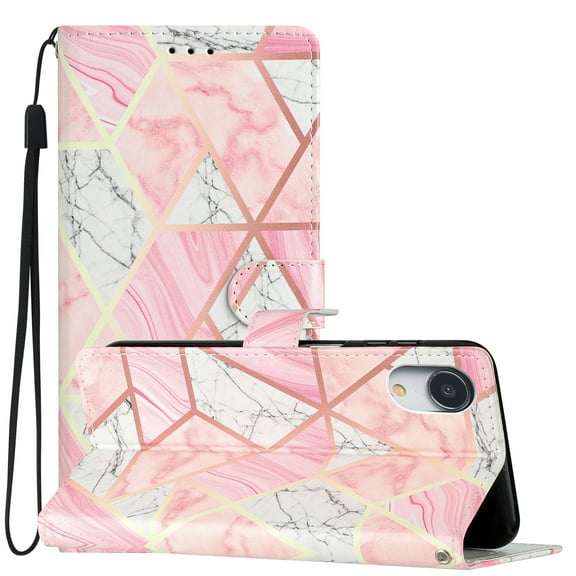 Allytechgroup Pattern Wallet Flip Case for iPhone XR, Premium PU Leather Kickstand Card Slots Cover Case with Wrist Strap Magnetic Clasp Shockproof Anti-Scratch Case, Pink Marble