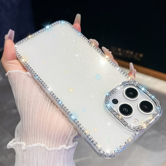 Allytechgroup Phone Case for Apple iPhone 13 Pro Max, Glitter iPhone 13 Pro Max Cover with Rhinestone, Full Protection, Soft TPU Frame Fashionable & Shockproof iPhone 13 Pro Max Case, White