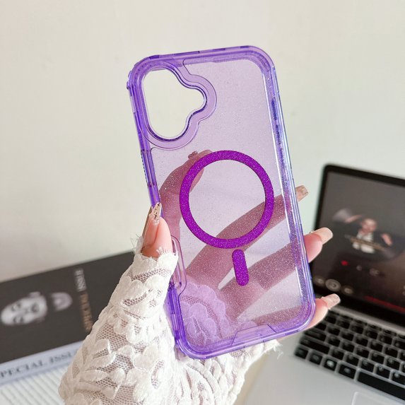 Allytechgroup Phone Case for Apple iPhone 16, Compatible with MagSafe Stylish iPhone 16 Case with Glitter Bling Design, Shockproof Dual Layer iPhone 16 Cover, Clearpurple