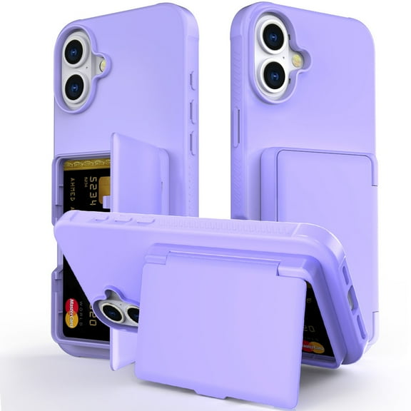 Allytechgroup Phone Case for Apple iPhone 16, Shockproof iPhone 16 Case with Credit Card Slots, Hidden Makeup Mirror Stand Anti-Scratch Protection Hard PC iPhone 16 Cover,Purple