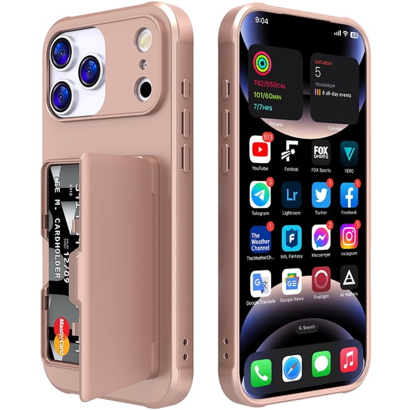Allytechgroup Phone Case for Apple iPhone 17 Pro, Shockproof iPhone 17 Pro Case with Credit Card Slots, Hidden Makeup Mirror Stand Anti-Scratch Protection PC iPhone 17 Pro Cover,Rosegold