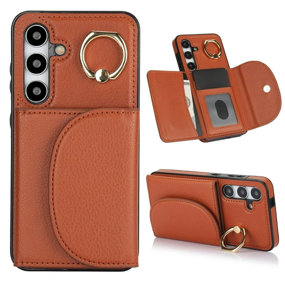 Allytechgroup Phone Case for Samsung Galaxy A15 5G, PU Leather Galaxy A15 Cover with Card Holder, Rotating Ring Stand PU Leather Shockproof Anti-Scratch Wallet Case for Women Men,Brown