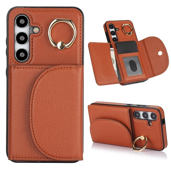 Allytechgroup Phone Case for Samsung Galaxy A53 5G, PU Leather Galaxy A53 5G Cover with Card Holder, Rotating Ring Stand PU Leather Shockproof Anti-Scratch Wallet Case for Women Men,Brown