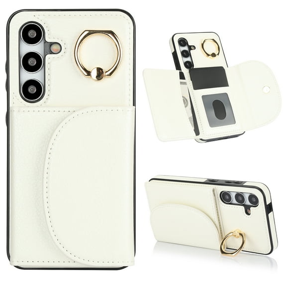 Allytechgroup Phone Case for Samsung Galaxy S21 FE, PU Leather Galaxy S21 FE Cover with Card Holder, Rotating Ring Stand PU Leather Shockproof Anti-Scratch Wallet Case for Women Men,White