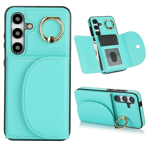 Allytechgroup Phone Case for Samsung Galaxy S21 FE, PU Leather Galaxy S21 FE Cover with Card Holder, Rotating Ring Stand PU Leather Shockproof Anti-Scratch Wallet Case for Women Men,Green